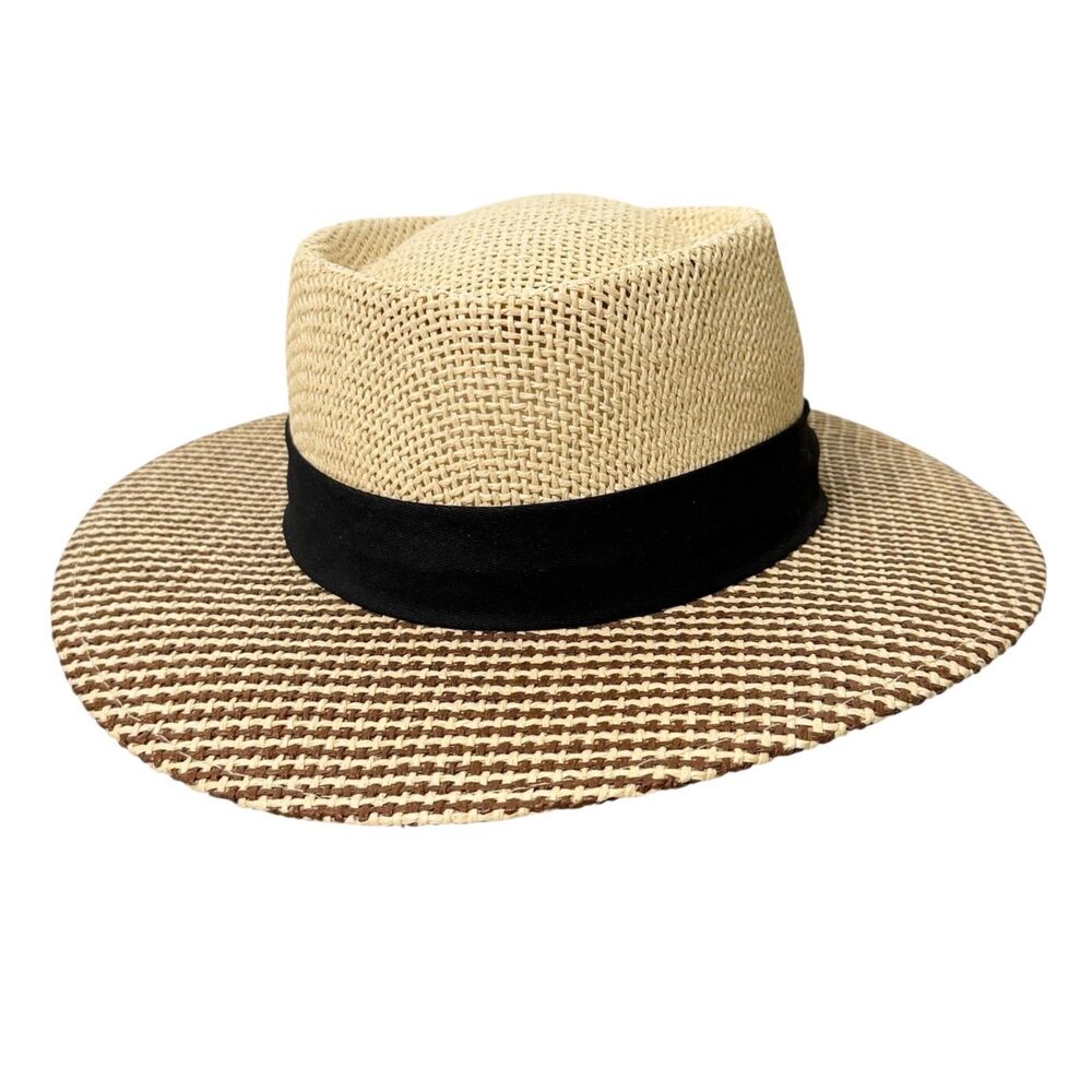 Walter Hagen Straw Golf Hat Wide Brim Stretch-Fitted Brown Beige Excellent!